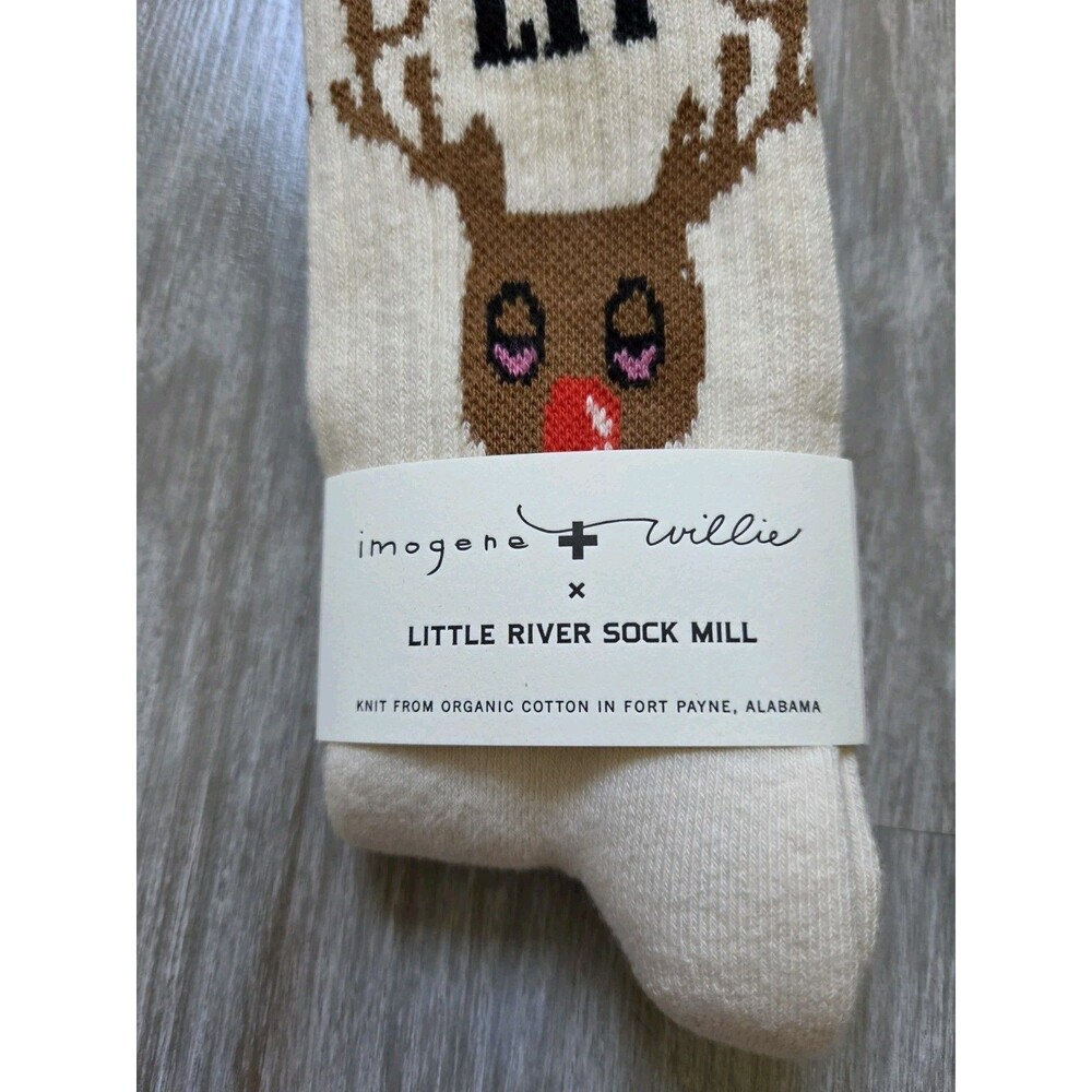 NWT Imogene x Little River Sock Mill Stay Lit Reindeer Crew Socks USA Made - Picture 2 of 7